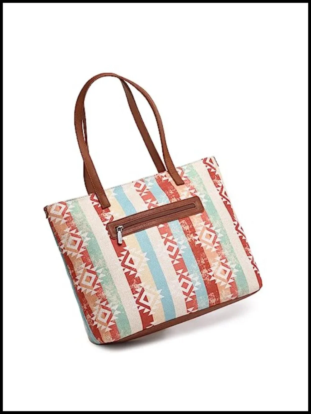 Aztec Print Canvas Tote Bag with Genuine Leather Handles